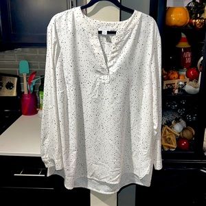 White dressy blouse with black heart design